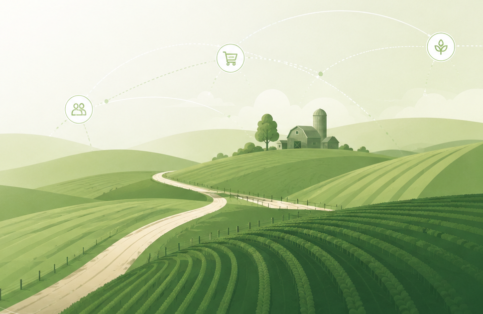 Paisagem de fazenda com estradas e pontos de uma rede regional conectados
